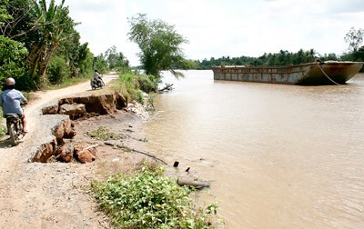 Landslides have broadened along the Cho Gao Canal in Tien Giang Province, affecting 2,000 local households (Photo: SGGP)